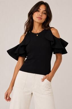 Caruso Caruso Black Ribbed Knit Ruffle Sleeve Top XS Date Night Coquette